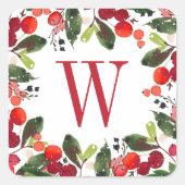 Sticker Carré Élégante Verdure de Noël Rouge Monogramme Wreath (Devant)