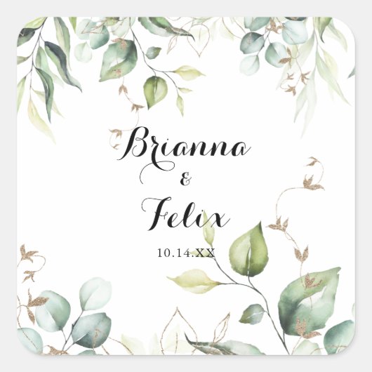 Sticker Carré Elégante Verdure or Mariage Enveloppe Phoques (Devant)