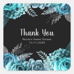 Sticker Carré Élégantes fleurs bleu sarcelle et argent pour un S