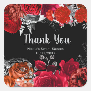 Sticker Carré Élégantes fleurs rouges et argent pour un Sweet Si