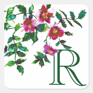 Sticker Carré Élégantes fleurs sauvages rose foncé aquarelle mod