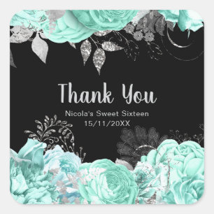 Sticker Carré Élégantes Fleurs Vertes et Argent pour un Sweet Si