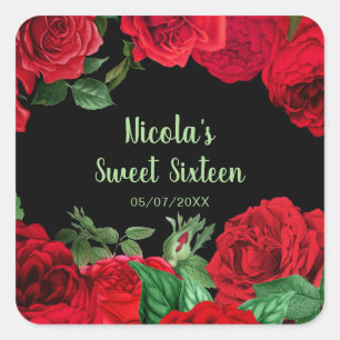 Sticker Carré Élégantes Roses Rouges Fleurs Sweet Sixteen