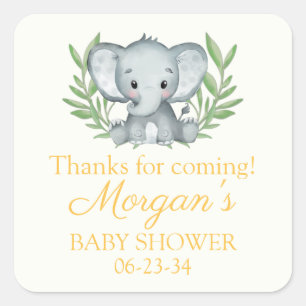 Sticker Carré Élément de verdure Éléphant Jaune Baby Shower Neut