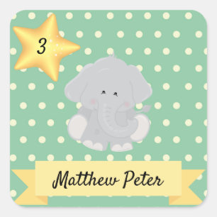 Sticker Carré Eléphant à point Polka personnalisé avec nom et âg