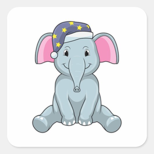 Sticker Carré Eléphant au coucher avec casquette de nuit (Devant)