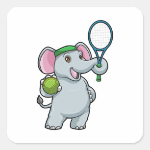 Sticker Carré Elephant au Tennis avec raquette de tennis
