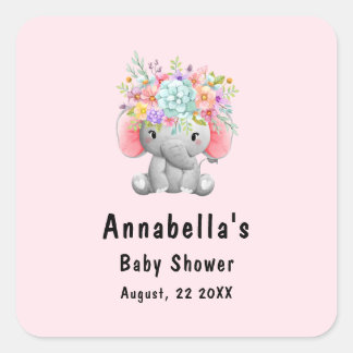 Sticker Carré Éléphant avec Fleurs  Baby Shower 