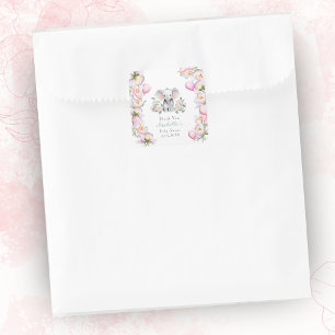 Sticker Carré Eléphant Bébé avec pivoines et ballons Merci