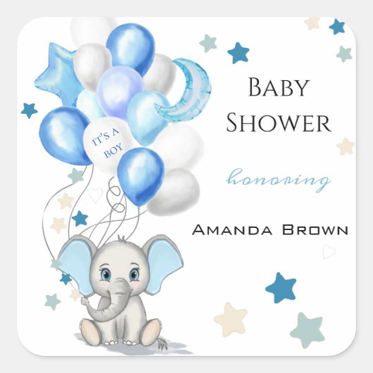 Sticker Carré Eléphant bébé mignon avec ballons Baby shower garç (Devant)