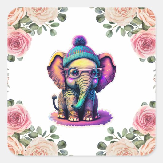 Sticker Carré Eléphant bébé mignon avec lunettes et Beanie (Devant)