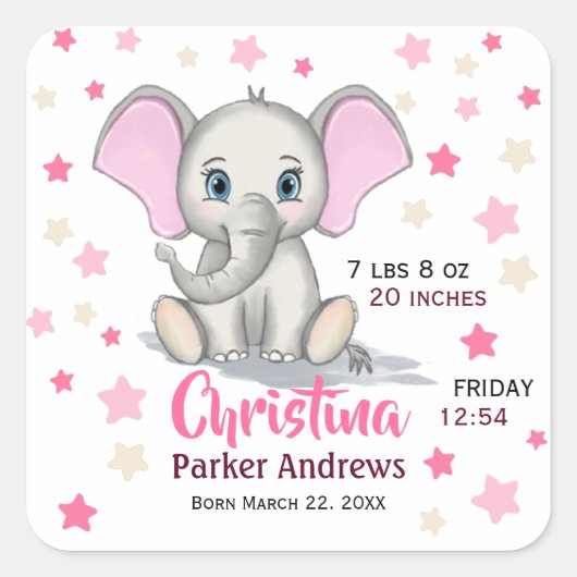 Sticker Carré Eléphant bébé mignon avec oreilles roses statistiq (Devant)