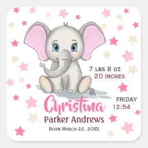 Sticker Carré Eléphant bébé mignon avec oreilles roses statistiq