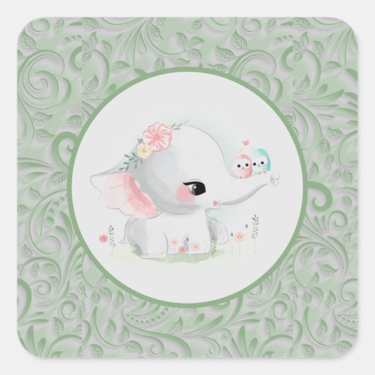 Sticker Carré Eléphant blanc garçon ou fille vert mignonne (Devant)