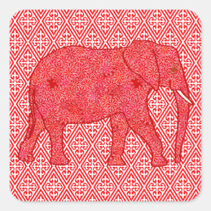 Sticker Carré Eléphant de fleurs - rouge profond et corail
