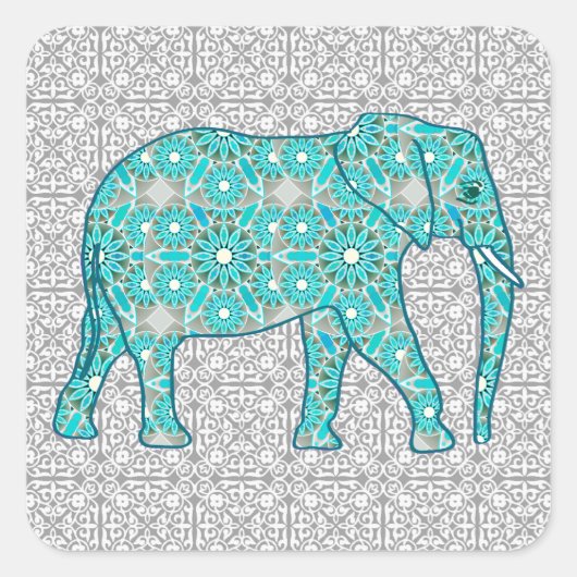 Sticker Carré Eléphant fleur Mandala - turquoise, gris & blanc (Devant)