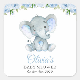 Sticker Carré Eléphant, Fleurs d'aquarelle bleue, Baby shower