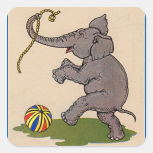 Sticker Carré éléphant heureux jouant avec la corde et le ballon
