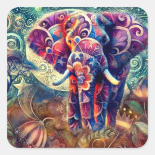 Sticker Carré Éléphant lunaire à la nuit Bleu pourpre étoiles Lu