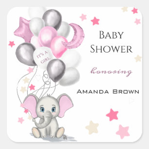 Sticker Carré Eléphant mignon bébé avec ballons Baby shower f