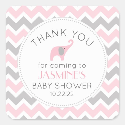 Sticker Carré Eléphant rose fille baby shower faveur (Devant)
