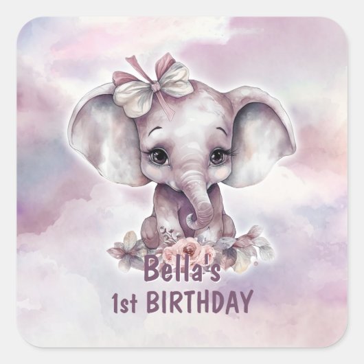 Sticker Carré Eléphant rose mignon 1er Anniversaire Enveloppe de (Devant)