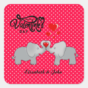 Sticker Carré Eléphants romantiques et Coeurs rouges sur Pois