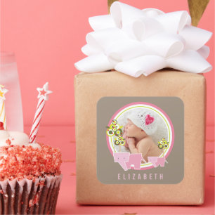 Sticker Carré Éléphants Roses Fantaisistes Famille Bébé Fille Ph