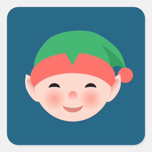 Sticker Carré Elfe de Noël en Casquette vert sur bleu (Devant)