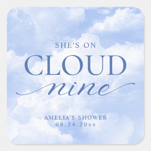Sticker Carré Elle est sur Cloud Nine Blue Baby Shower (Devant)