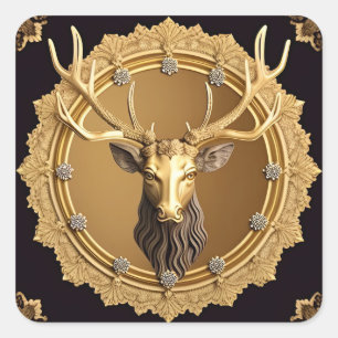Sticker Carré Emblème élégant de cerf doré avec cadre orné