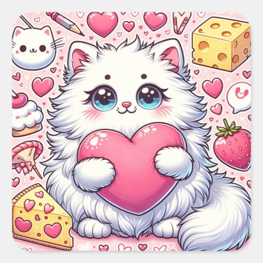 Sticker Carré Embrasser le coeur valentin du chat Fluffy (Devant)