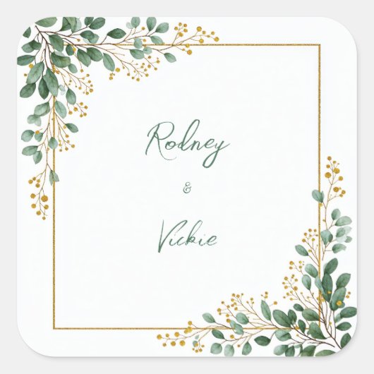Sticker Carré Emerald Eucalyptus Gold Berry Frame Wedding (Devant)