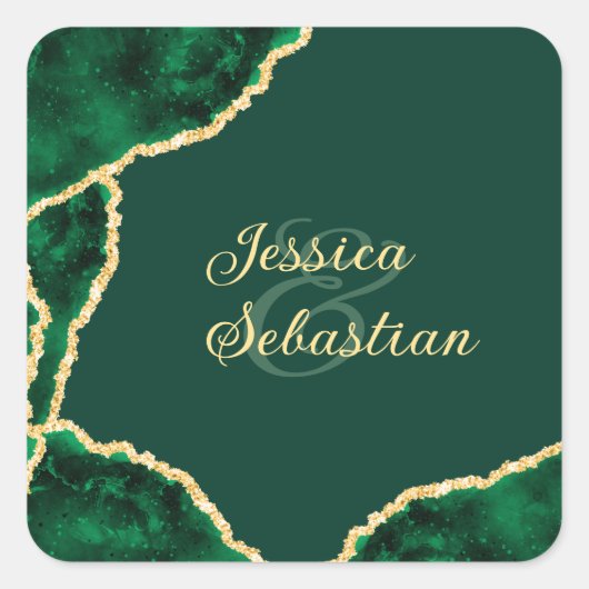 Sticker Carré Emerald Green & Gold Agate Mariage élégant (Devant)