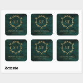 Sticker Carré Emerald Green Gold Crest Monogramme Mariage Faveur (Feuille)