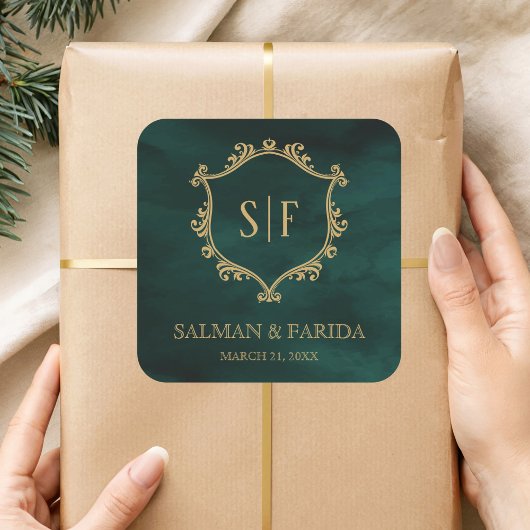 Sticker Carré Emerald Green Gold Crest Monogramme Mariage Faveur