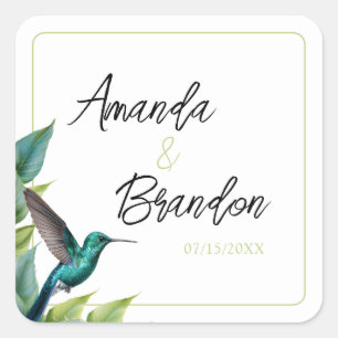 Sticker Carré Emerald Hummingbird Tropical Feuille Mariage