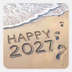 Sticker Carré Empreintes de plage Nouvel An 2027