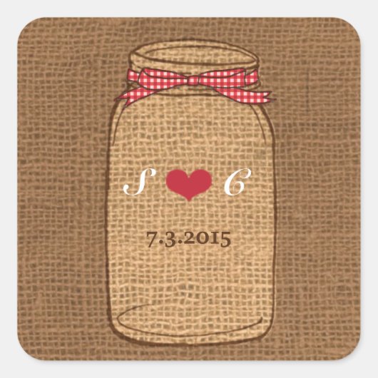 Sticker Carré En vichy rouge et Mariage Burlap Mason Jar (Devant)