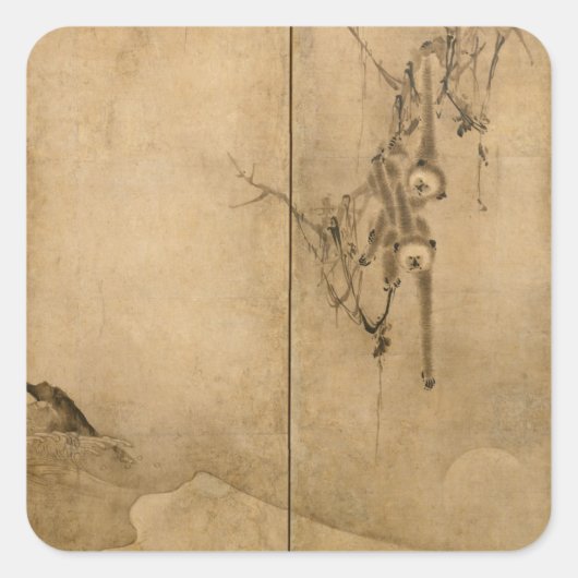 Sticker Carré Encre japonaise sur papier Gibbons Primates & Pays (Devant)