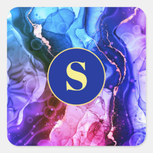 Sticker Carré Encre Liquide Bleue, Violette Et Rouge, Monogramme