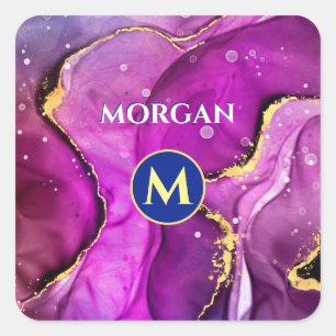 Sticker Carré Encre liquide rouge violet et or, monogramme et no