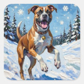 Sticker Carré Energetic Boxer Dog Leaping in Winter Snow Fun (Devant)