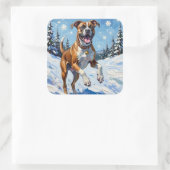 Sticker Carré Energetic Boxer Dog Leaping in Winter Snow Fun (Sac)