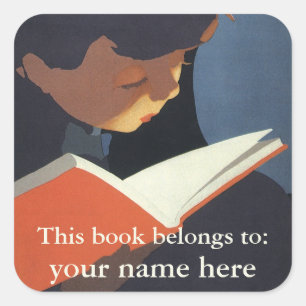 Sticker Carré Enfant de style rétro lisant un livre de la biblio