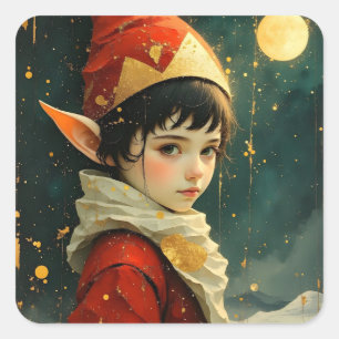 Sticker Carré Enfant Elfe en tenue de Noël vintage