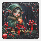 Sticker Carré Enfant Elfe mignon en manteau à capuchon vert (Devant)