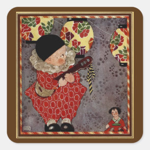 Sticker Carré Enfant vintage arlequin, musicien jouant du banjo