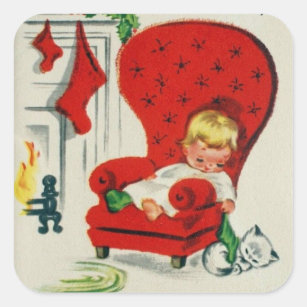 Sticker Carré Enfant vintage et chat en attente de Père Noël