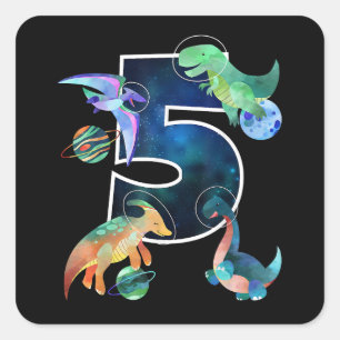 Sticker Carré Enfants Astronaut Espace Dinosaures 5e anniversair